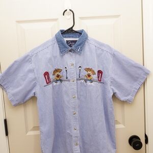 Quizz Again Blue Striped Button-Down Shirt with Embroidery